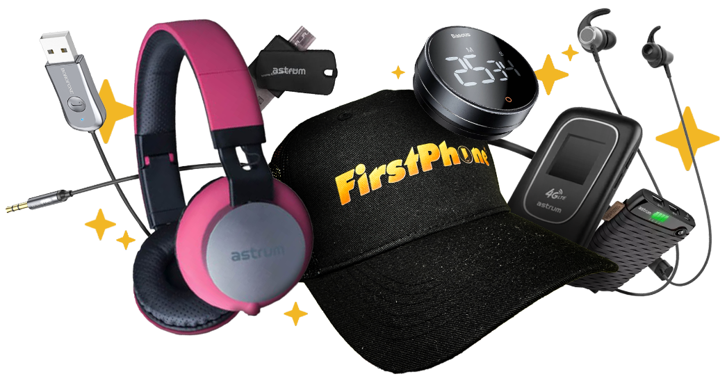 Výhry: reproduktory, headsety, elektronické produkty a merch FirstPhone