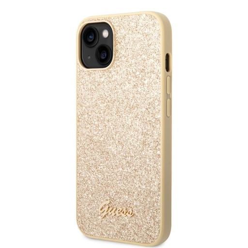 Apple iPhone 14 Plus Guess Glitter Flakes Metal Logo pouzdro (Zlatá) - GUHCP14MHGGSHD