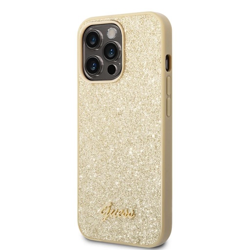 Apple iPhone 14 Pro Max Guess Glitter Flakes Metal Logo pouzdro (Zlatá) - GUHCP14XHGGSHD