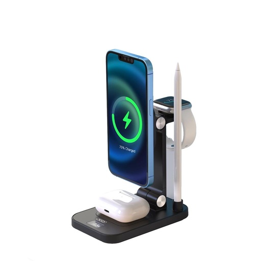 XO TK23 digitální s displejem magnetický 4 az 1-ben nabíječka (Černá) – 15W pro telefon, 5W pro sluchátka, 2.5W pro chytré hodinky, 2W kapacitní