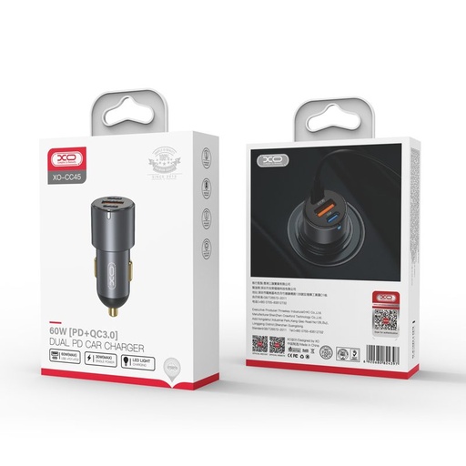 XO CC45 autní rychlonabíječka 2 PD + QC 3.0 s konektorem lightning s kabelem, černo-bílá