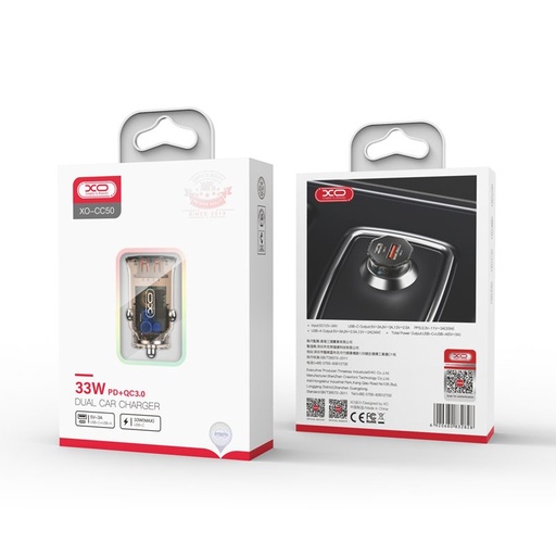 XO CC50 autní rychlonabíječka (PD + QC nabíjení), průhledný/hnědá