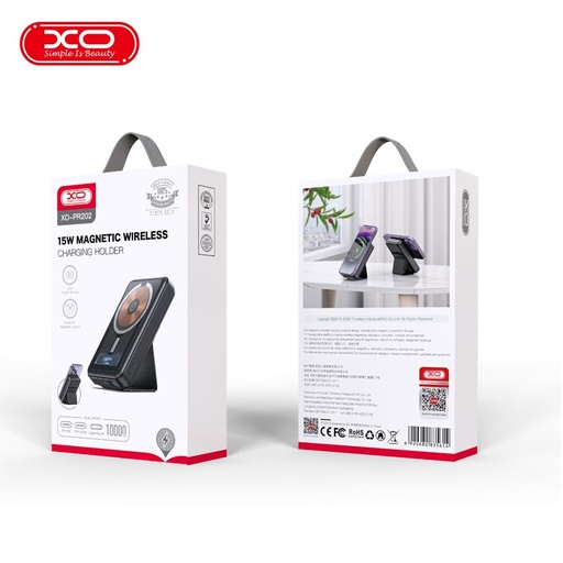 XO PR202 power bank 10000 mAh (Černá) – magnetický, bezdrátový rychlé nabíjení 15W, PD 20W, průhledný provedení