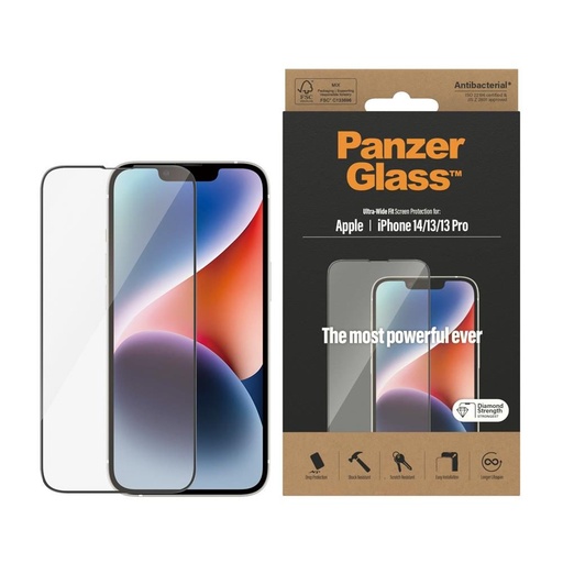 Apple iPhone 13 / 13 Pro / 14 / 16e PanzerGlass ultra wide fit prémiový tvrzené sklo (Průhledný)