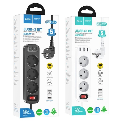 Hoco NS2 velký s výkonem prodlužovací kabel aljzat, 3 aljzat + 3 * USB 5V / 2.4A výstup černá