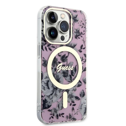 Apple iPhone 14 Pro Guess Flowers IML MagSafe pouzdro (Růžová) - GUHMP14LHCFWSP