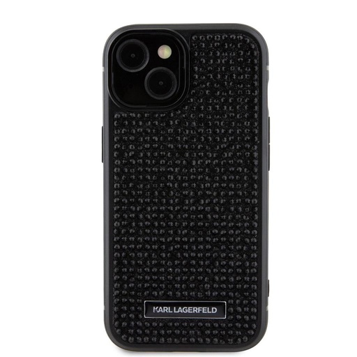 Apple iPhone 15 Karl Lagerfeld Rhinestone Plate Metal Logo pouzdro (Černá) – KLHCP15SHDSPLK