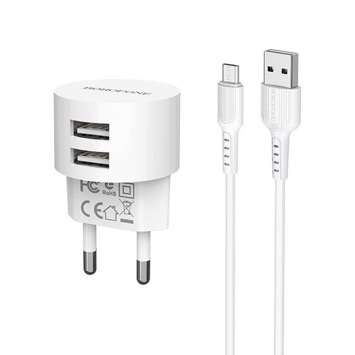 Borofone BA23A síťový nabíječka (2 USB port, microUSB kabel), 5V 2,4A, bílá