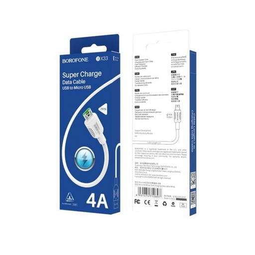 Borofone BX33 microUSB kabel (rychlonabíječka), 4A, 1,2m, bílá