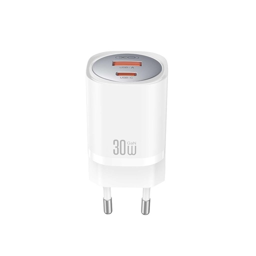 XO CE21 30W GaN rychlonabíječka (Bílá) – PD 30W, USB-C + USB-A konektor, Lightning s kabelem