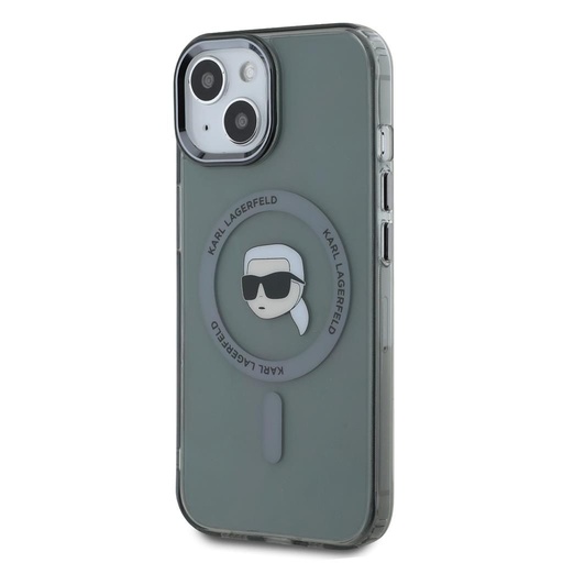 Apple iPhone 15 Karl Lagerfeld IML Karl Head Metal Frame MagSafe pouzdro (Černá) – KLHMP15SHLSKIK