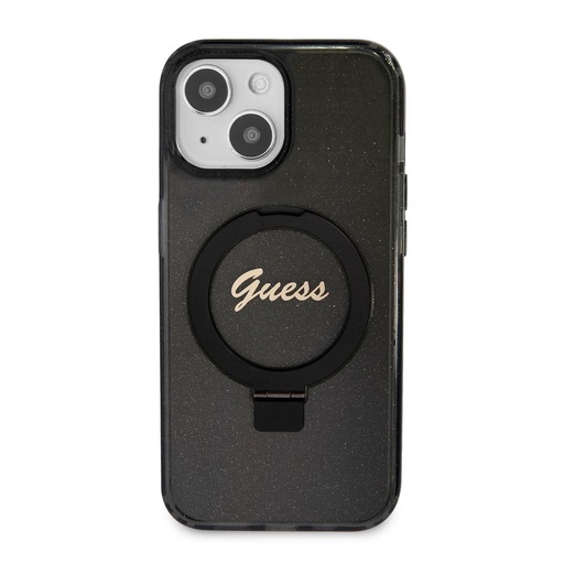 Apple iPhone 15 Guess IML Ring Stand Glitter MagSafe pouzdro (Černá) - GUHMP15SHRSGSK