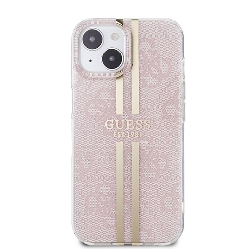 Apple iPhone 15 Guess IML 4G Zlatá Stripe pouzdro (Růžová) - GUHCP15SH4PSEGP