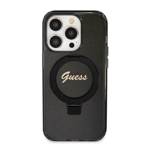Apple iPhone 15 Pro Guess IML Ring Stand Glitter MagSafe pouzdro (Černá) - GUHMP15LHRSGSK