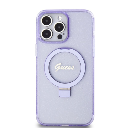 Apple iPhone 15 Pro Max Guess IML Ring Stand Glitter MagSafe pouzdro (Fialová) - GUHMP15XHRSGSU