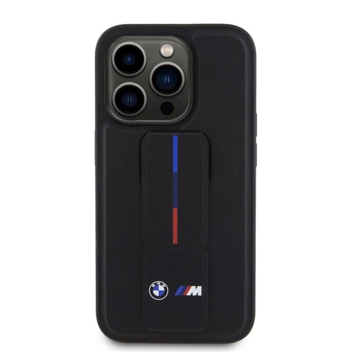 Apple iPhone 15 Pro Max BMW M Collection PU Grip Stand pouzdro – Tricolor Line (Černá) - BMHCP15X22GSLK