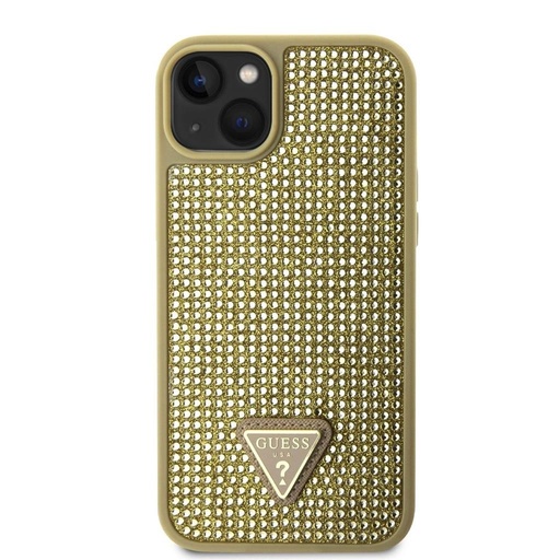 Apple iPhone 15 Guess Rhinestones Triangle Metal Logo pouzdro (Zlatá) - GUHCP15SHDGTPD