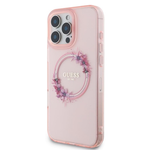 Apple iPhone 16 Pro Guess IML Flowers Ring MagSafe pouzdro (Růžová) - GUHMP16LHFWFCP