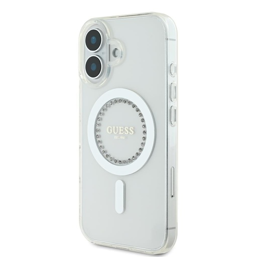 Apple iPhone 16 Guess IML Rhinestones Ring MagSafe pouzdro (Bílá) - GUHMP16SPFTDTEH