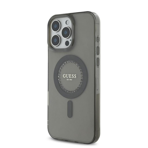 Apple iPhone 16 Pro Max Guess IML Rhinestones Ring MagSafe pouzdro (Černá) - GUHMP16XPFTDTEK