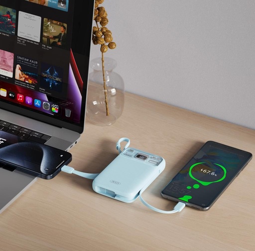 XO PR243 power bank 10000 mAh (Modrá) – rychlé nabíjení 22.5W, digitální displej, USB-C a Lightning kabel