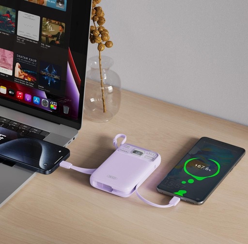 XO PR243 power bank 10000 mAh (Fialová) – rychlé nabíjení 22.5W, digitální displej, USB-C a Lightning kabel