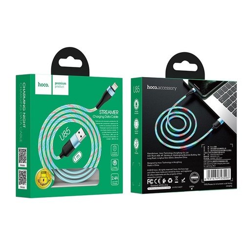 Hoco U85 lightning kabel, 2,4A, svítící, 1m, modrá