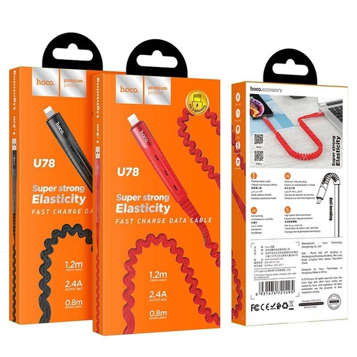 Hoco U78 lightning kabel, 2,4A, látka, 1,2m, černá