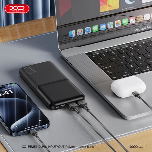 XO PR251 power bank 10000mAh (černá) – LED displej, 2×USB výstup, Type-C a microUSB vstup
