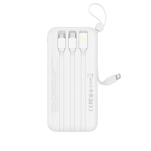 XO PR278 power bank 10000 mAh (Bílá) – digitální displej, 4 vestavěný kabel (USB-A, USB-C, MicroUSB, Lightning)