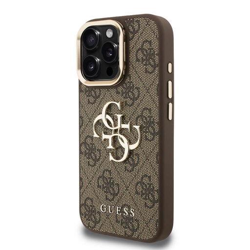 Apple iPhone 15 Pro Max Guess PU 4G Metal Logo Stand Camera Frame pouzdro (Hnědá) - GUHCP15XPCS4GP4W