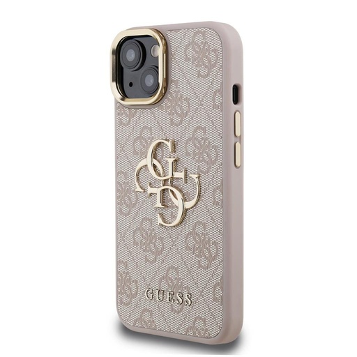 Apple iPhone 15 Guess PU 4G Metal Logo Stand Camera Frame pouzdro (Růžová) - GUHCP15SPCS4GP4P