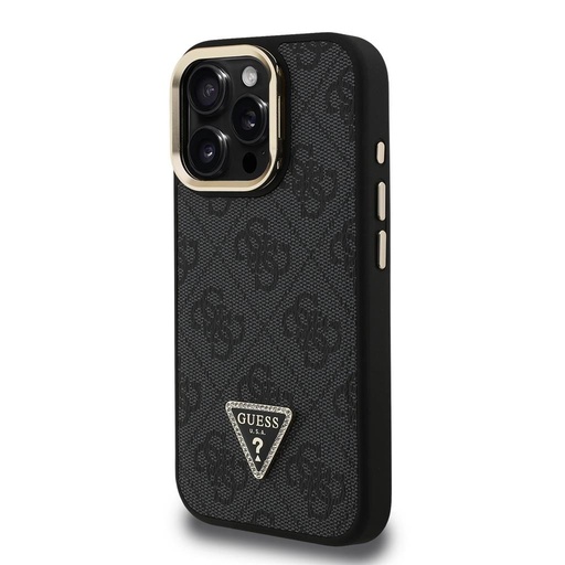 Apple iPhone 16 Pro Max Guess PU 4G Strass Triangle Logo Stand Camera Frame MagSafe pouzdro (Černá) - GUHMP16XPCS4GPTK