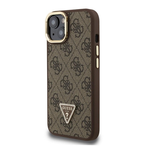 Apple iPhone 15 Guess PU 4G Strass Triangle Logo Stand Camera Frame MagSafe pouzdro (Hnědá) - GUHMP15SPCS4GPTW