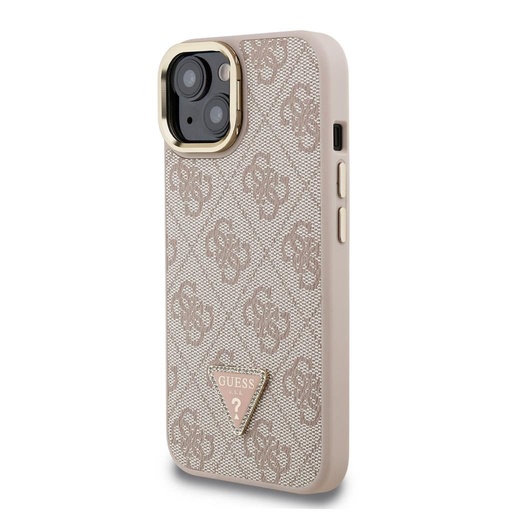Apple iPhone 15 Guess PU 4G Strass Triangle Logo Stand Camera Frame MagSafe pouzdro (Růžová) - GUHMP15SPCS4GPTP