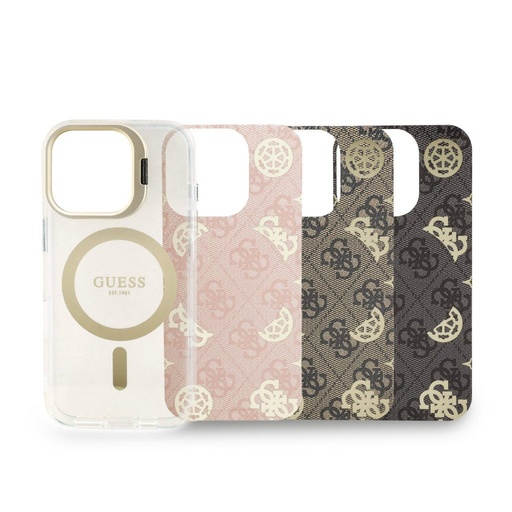 Apple iPhone 16 Pro Max Guess PC/TPU Electroplated Stand Camera Frame MagSafe pouzdro vyměnitelný se zadním krytem (Průhledný) - GUBPSBHMP16X