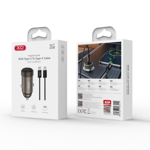 XO CC70 autní nabíječka PD 30W 1×USB-C + USB-C – USB-C kabel (Černá)