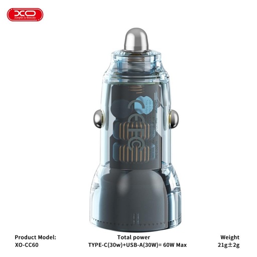 XO CC60 autní nabíječka 60W 1×USB + 1×USB-C (Modrá)