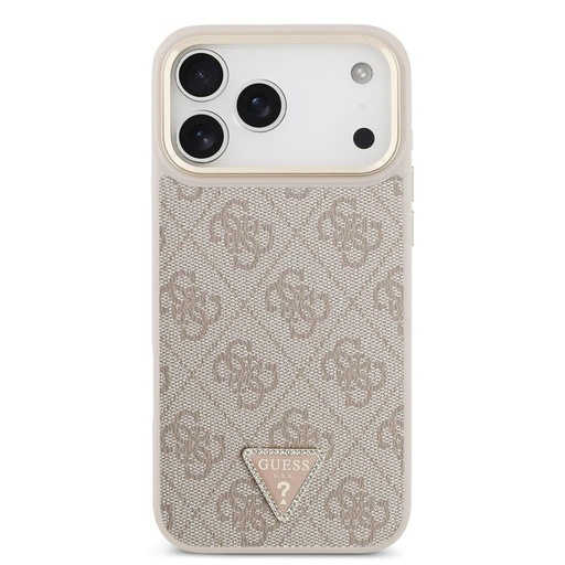 Guess PU Leather 4G Strass Triangle Logo Zlatá Frame MagSafe pouzdro iPhone 17 Pro Max (Růžová)
