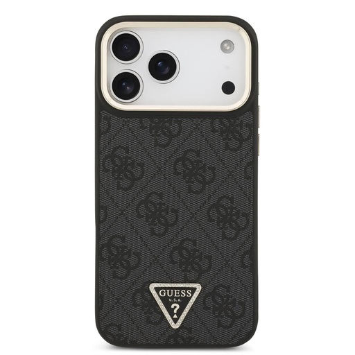 Guess PU Leather 4G Strass Triangle Logo Zlatá Frame MagSafe pouzdro iPhone 17 Pro Max (Černá)