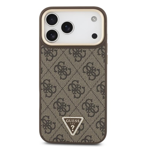 Guess PU Leather 4G Strass Triangle Logo Zlatá Frame MagSafe pouzdro iPhone 17 Pro Max (Hnědá)