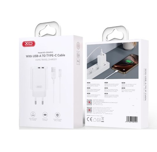 XO CE34(EU) síťový nabíječka + Type-C kabel (Bílá) - 2.4A, Dual USB-A, NB103 sada