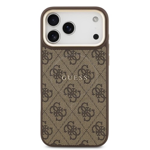 Guess PU Leather 4G Zlatá Frame MagSafe iPhone 17 Pro Max (Hnědá)