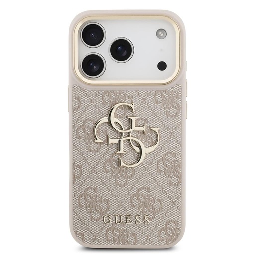 Guess PU Leather 4G Metal Logo Zlatá Frame iPhone 17 Pro (Růžová)