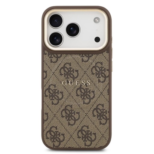 Guess PU Leather 4G Zlatá Frame MagSafe iPhone 17 Pro (Hnědá)