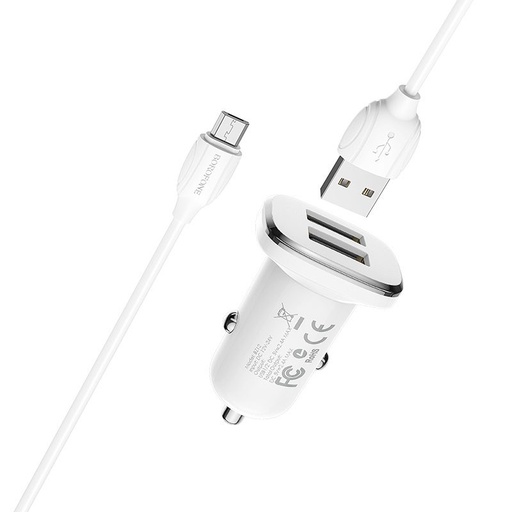 Borofone BZ12 autní nabíječka (2 USB port, microUSB kabel), 5V 2,4A, bílá