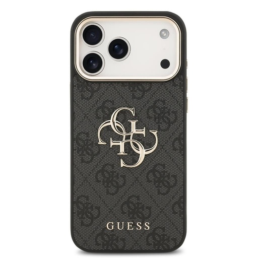 Guess PU Leather 4G Metal Logo Zlatá Frame iPhone 17 Pro Max (Černá)