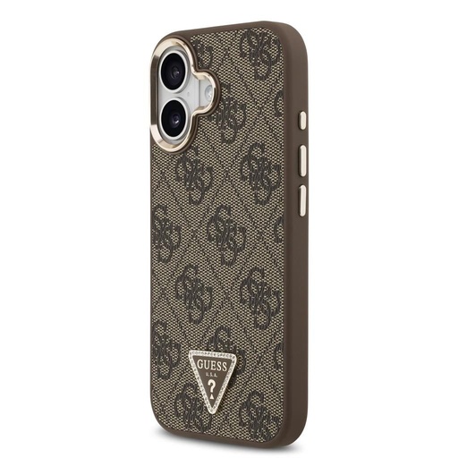 Guess PU Leather 4G Strass Triangle Logo Zlatá Frame MagSafe pouzdro iPhone 17 (Hnědá) - GUHMP17SP4GTDGMW