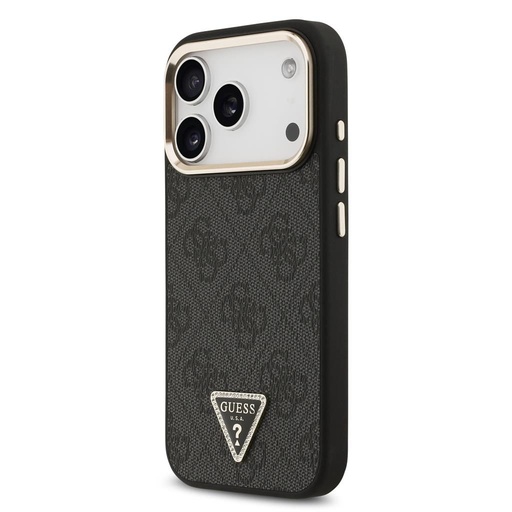 Guess PU Leather 4G Strass Triangle Logo Zlatá Frame MagSafe pouzdro iPhone 17 Pro (Černá) - GUHMP17LP4GTDGMK