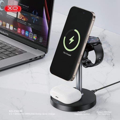 XO CX038 3-in-1 stolní bezdrátový nabíječka (Černá) - 15W